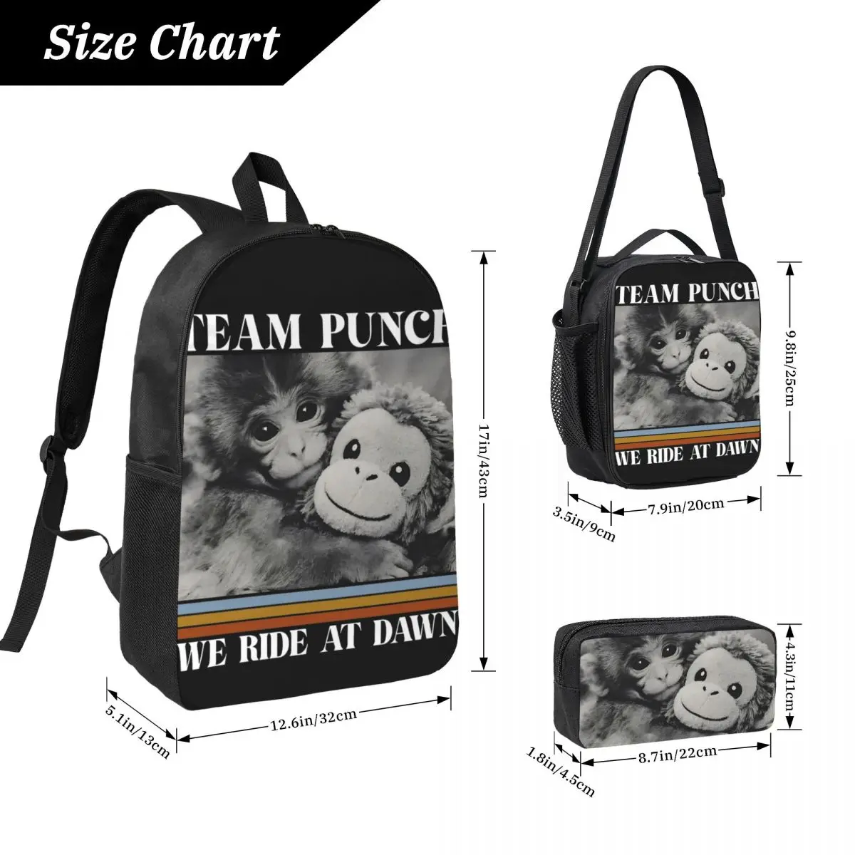 3Pcs Punch Monkey merch Backpack Set for Boy Girl Pencil Boxes Bookbag Sets with Lunch Box For Primary School Students Daypack