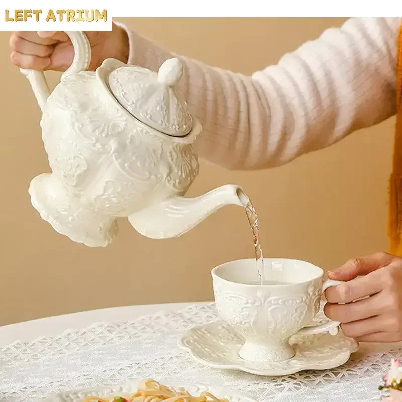 Ceramic Relief Teapot Afternoon Tea Cup Dish Set Household Dessert Plate Snack High Leg Cake Goods