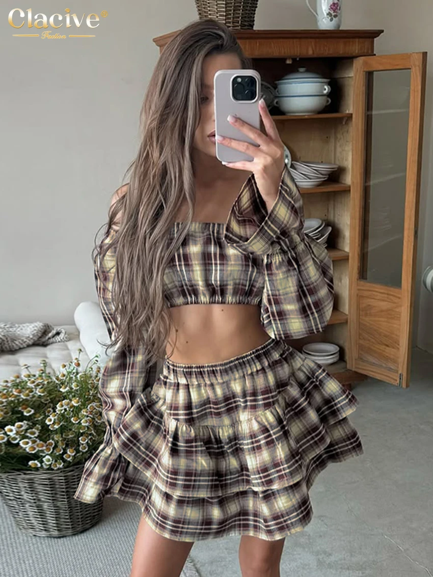 

Clacive Fashion Loose Plaid Cotton 2 Pieces Set For Woman 2025 Elegant Long Sleeve Shirt With High Waist Mini Skirt Set Female