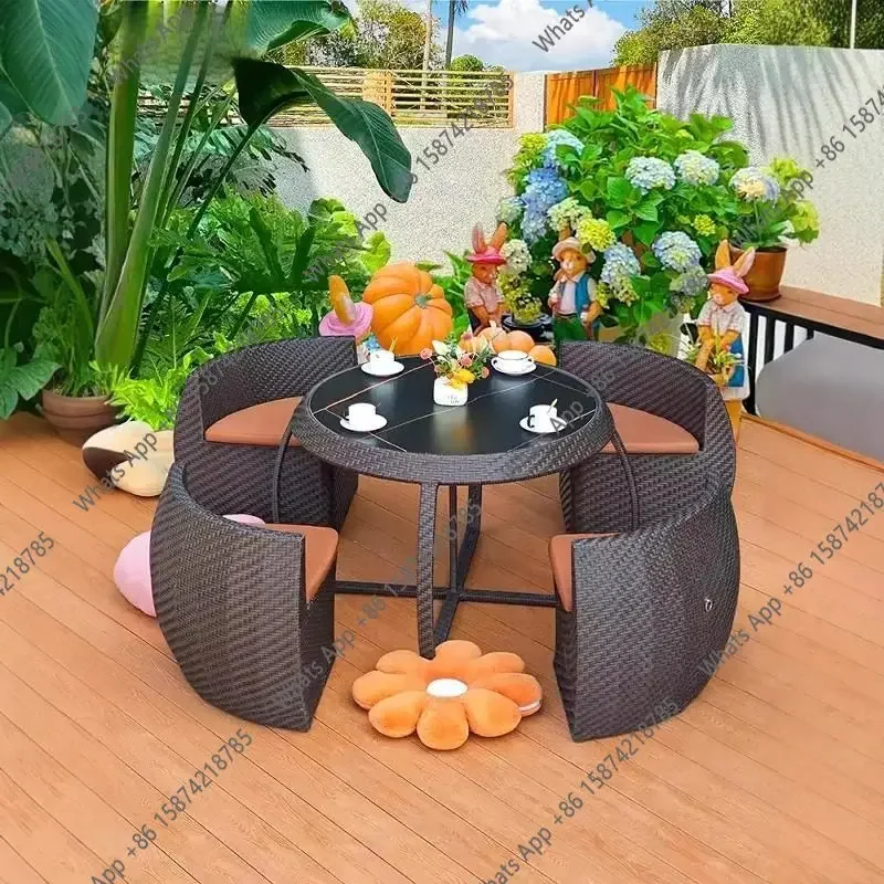 V69 Outdoor Rattan Table And Chair Five-piece Set Courtyard B&B Terrace Waterproof And Sunscreen Rattan Weaving Round Creative