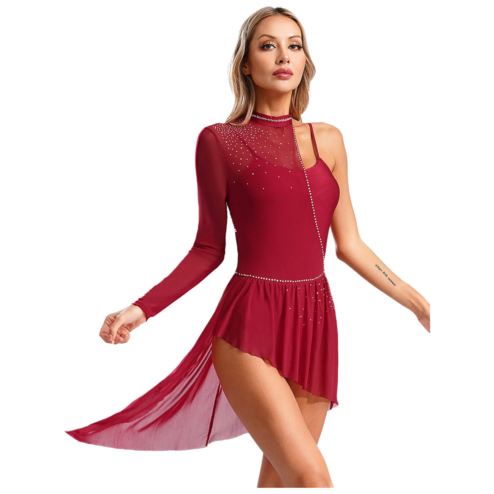 Womens Figure Skating Dress Lyrical Ballet Dance Gymnastics Leotard Sleeveless Asymmetrical Rhinestone Stage Performance Costume