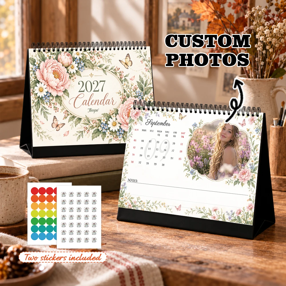 1pc/2pcs Customizable 2027 Calendar,Pink Peony Floral Personalized Table Calendar with Stickers,Birthday Christmas New Year Gift