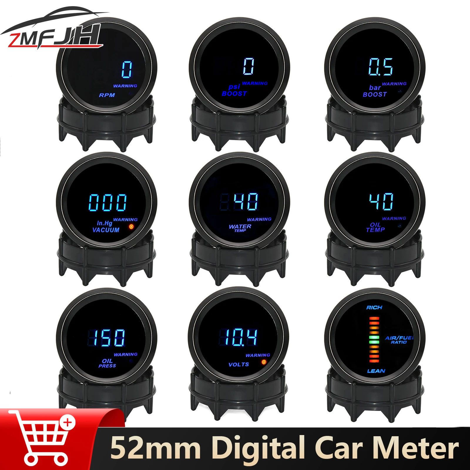 

52mm Car Water Temp Oil Temp Oil Pressure RPM Tacho Meter Boost PSI BAR Gauge Voltage Vacuum Air Fuel Ratio Gauge Warning Light