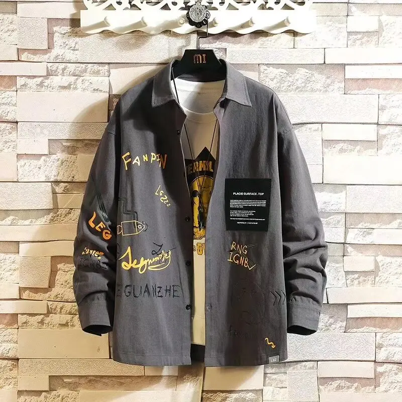 Men's Long Sleeve Work Shirt Thin Outdoor Graffiti Workwear Resistant to Wear And Dirt Spring Autumn Casual Style Polyester F...