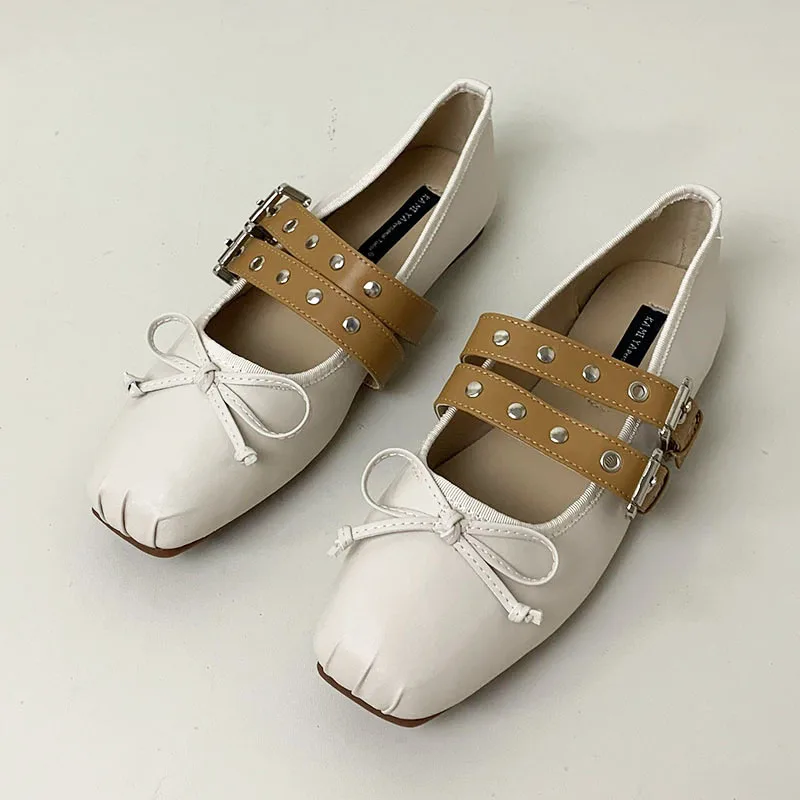 Female Butterfly-Knot Footwear Women Flat With Shoes Rivet Fashion Designer Buckle Strap Shallow Ladies Flats Mary Janes Shoes