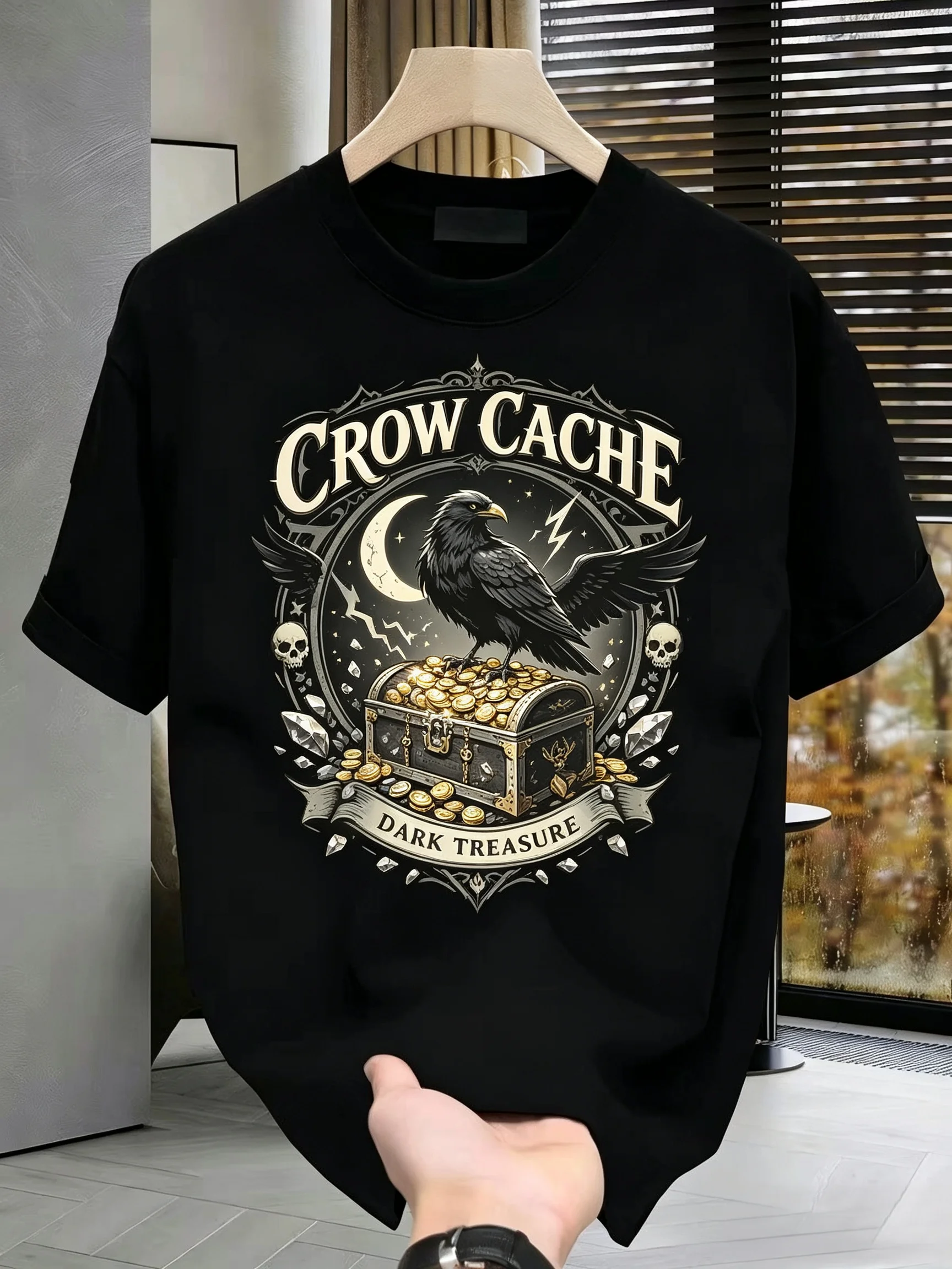 Unisex CROW CACHE Raven Treasure Chest Graphic T Shirt Men Women Vintage Dark Gothic Moon Skull Short Sleeve Black Streetwear Tee