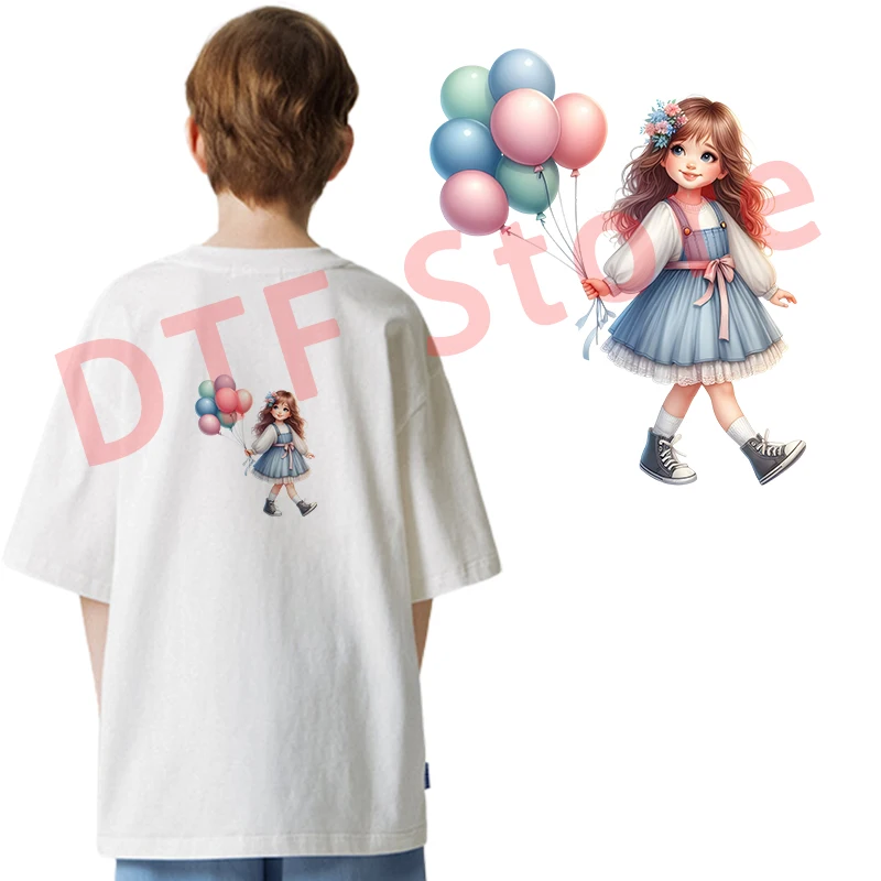 Schattige Ballon Meisje Dtf Warmteoverdracht Ijzer Op Patches Voor Kleding Kleding Thermische Overdracht Voor Kinderkleding T-Shirt Stickers