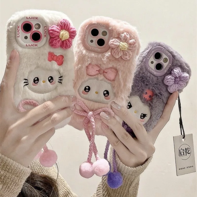 

3D Sanrios Hello Kitty pink kawaii plush lanyard cartoon Phone Cases For iPhone 15 14 13 12 11 Pro Max Back Cover