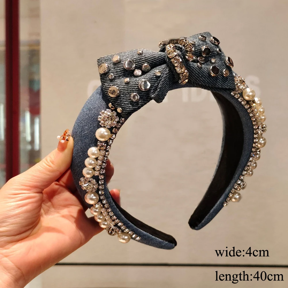 Korean Exquisite Full Diamond Bow Denim Jean Hair Hoop Hairband Pearl Drill Headband Pressed Hair Clips Hair Accessories - view 2