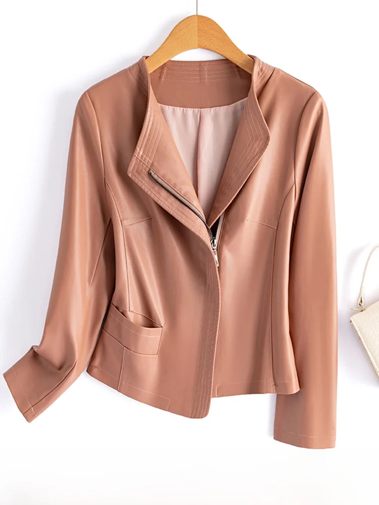 

Женская приталенная куртка из натуральной кожи Ning, весна-осень 2025, корейский стиль, из овчины, с воротником-стойкой