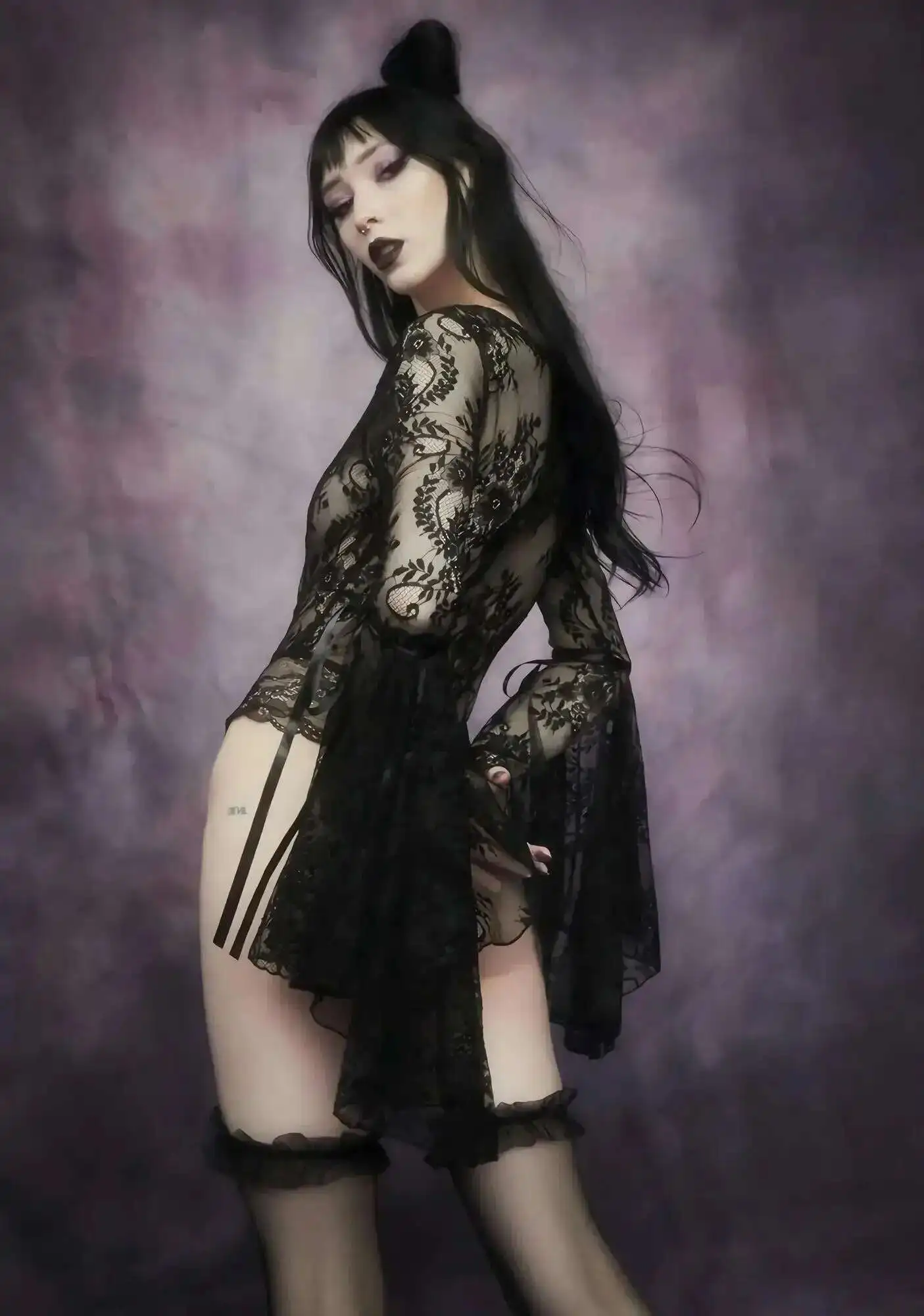 

Sexy Lady Mesh Rompers Cospaly Erotic Lingerie Goth Lace Women Black Bodysuit Long Flare Sleeve Printing V-neck Pullover Gothic