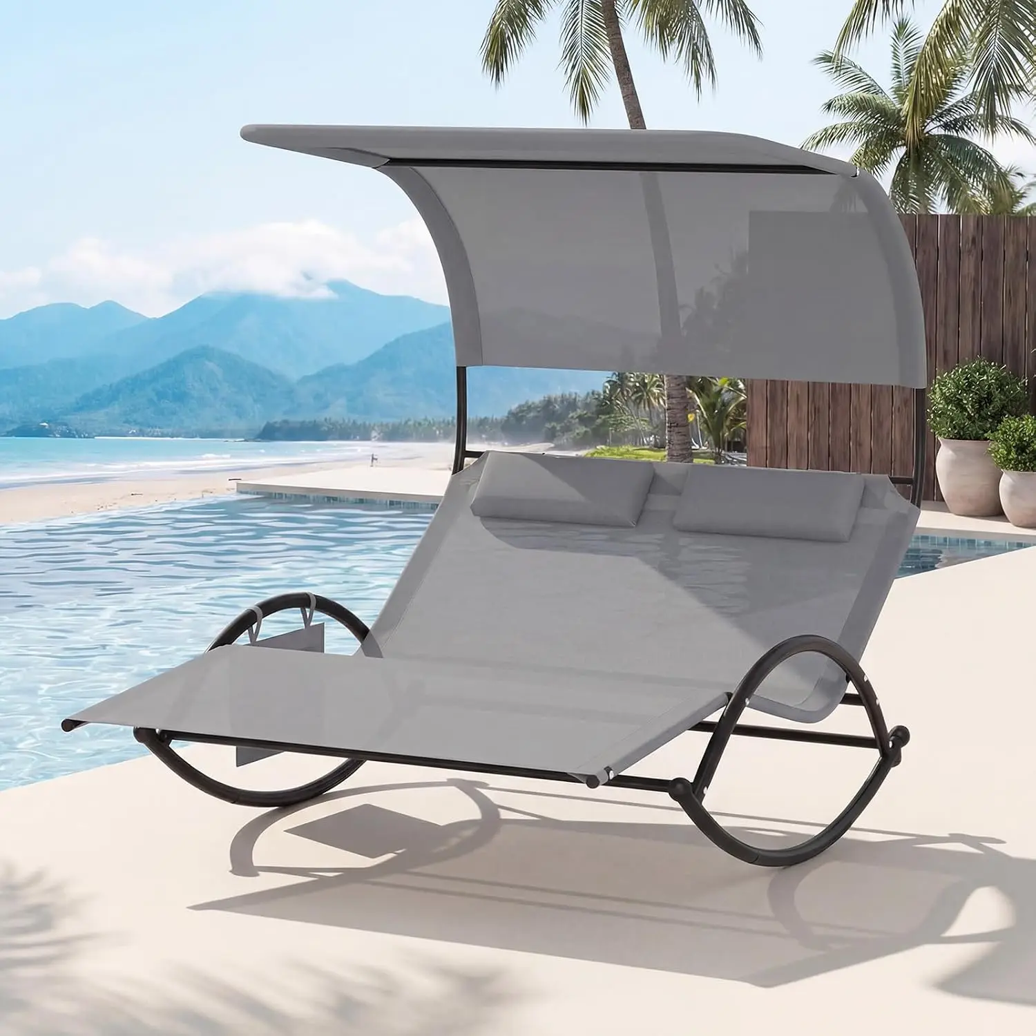 #Outdoor Chaise Lounge Rocker, 2-Person Rocking Daybed Sun Lounger with Sun Shade Canopy & Headrest Pillows, Hammock, Customized