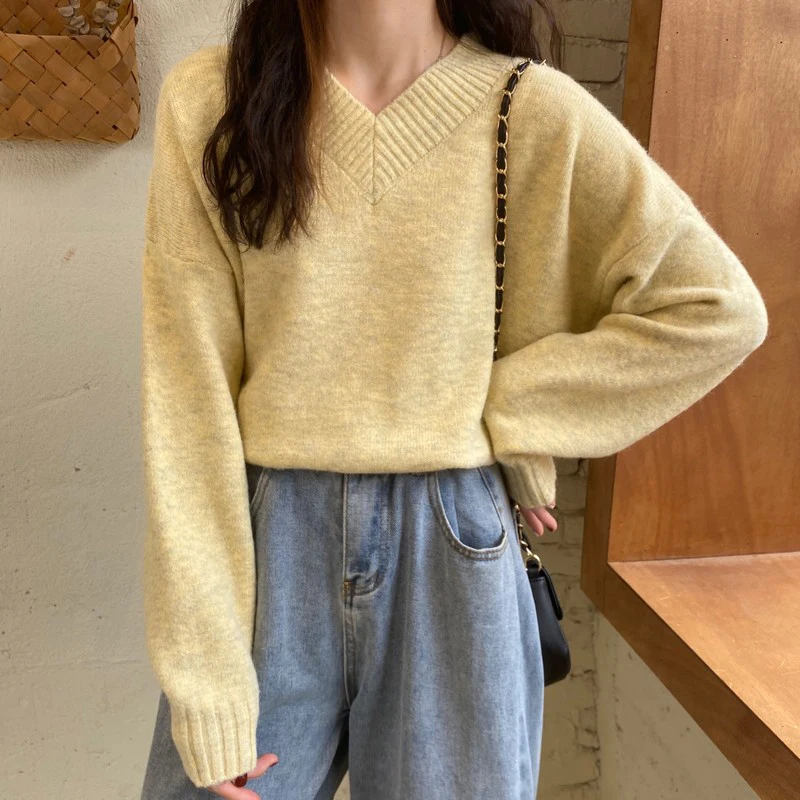 سترة نسائية محبوكة فضفاضة على شكل حرف V لينة زرقاء ربيع الخريف عادية حلوة مباراة طويلة Sve قاعدة Sle اليابانية irt #2