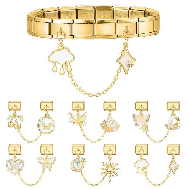 Gold Farbe Rosa Herz Stern Kirsche Mond Kette Quaste Italienischen Charme Link Fit 9mm Edelstahl Armband Frauen DIY Machen geschenke – Detail 3