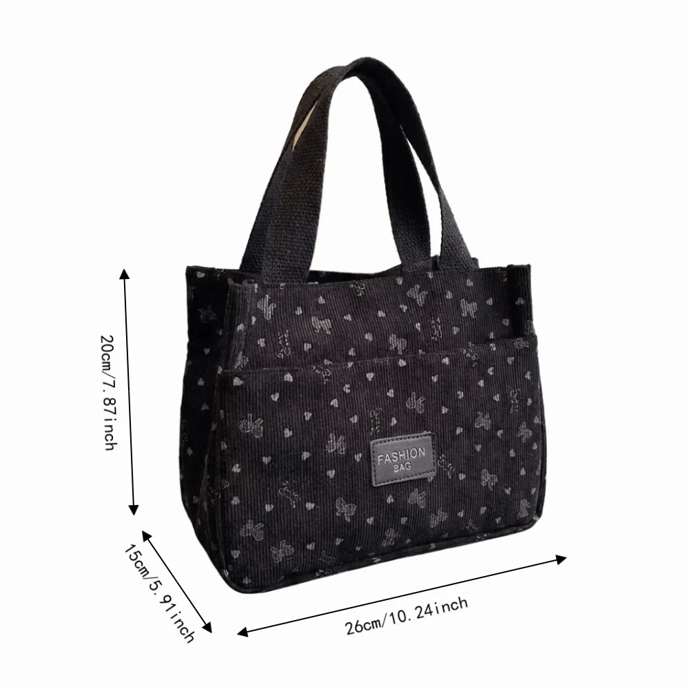 Vintage Bow Heart Printed Corduroy Handbag Multi-pocket Large Capacity Mommy Bag Top Handle Portable Lunch Bag Daily view 6