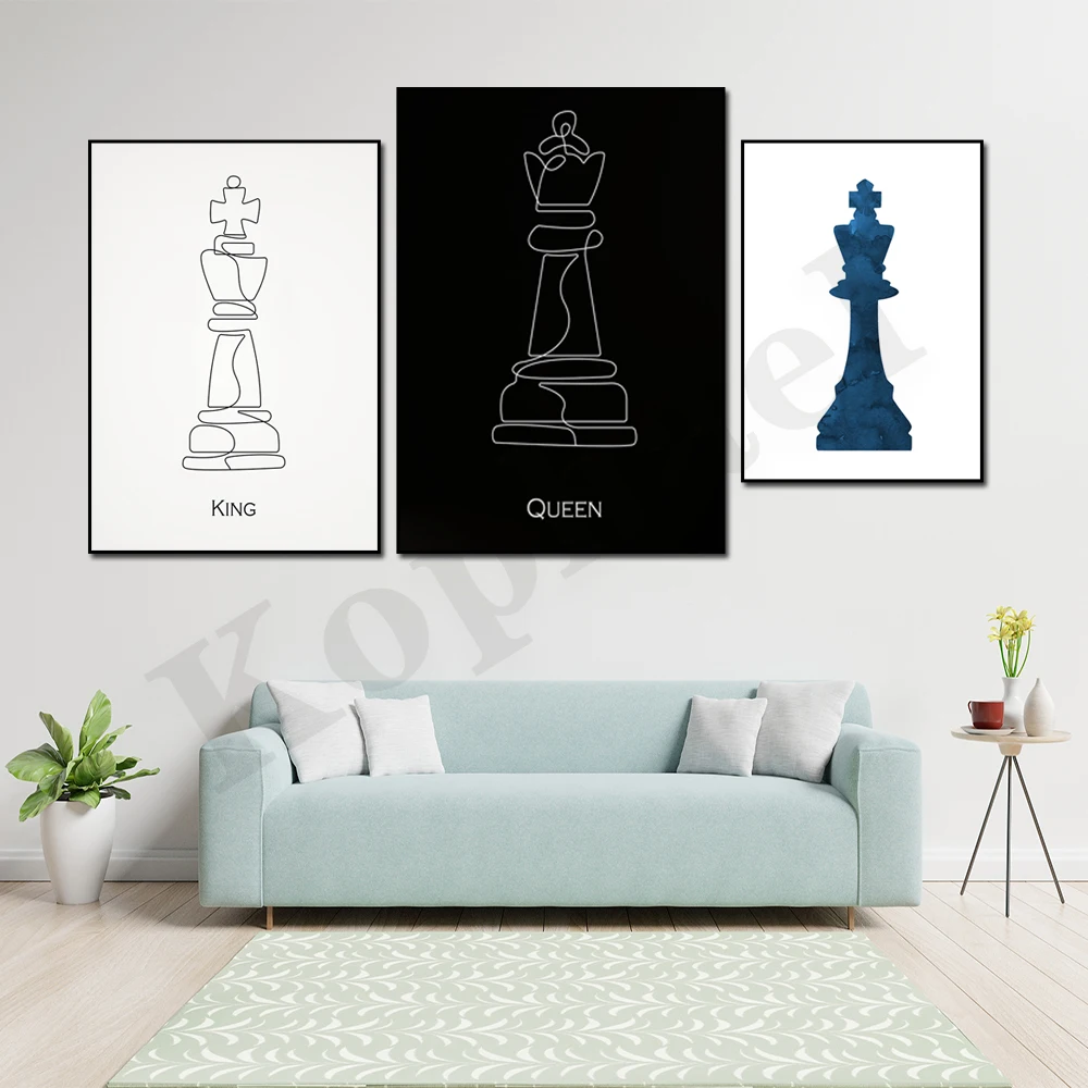 Chess King Queen Minimalist Line Art Wall Decor Poster