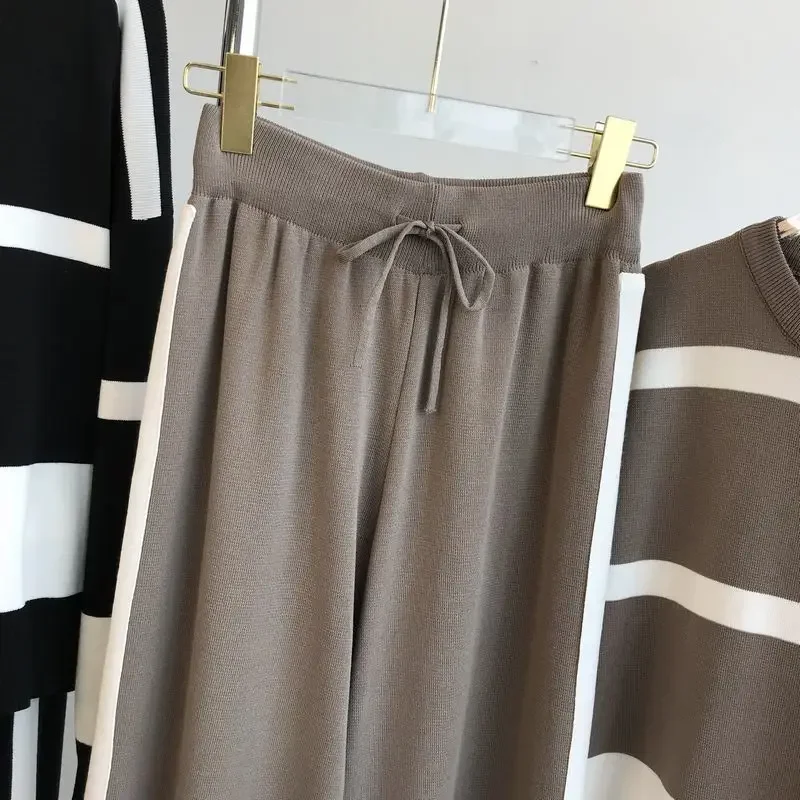 Set da 3 pezzi in maglia da donna casual M alhas Pantaloni a gamba larga Completi Maglieria vintage allentata Cardigan a righe + maglione Canottiere Top completo