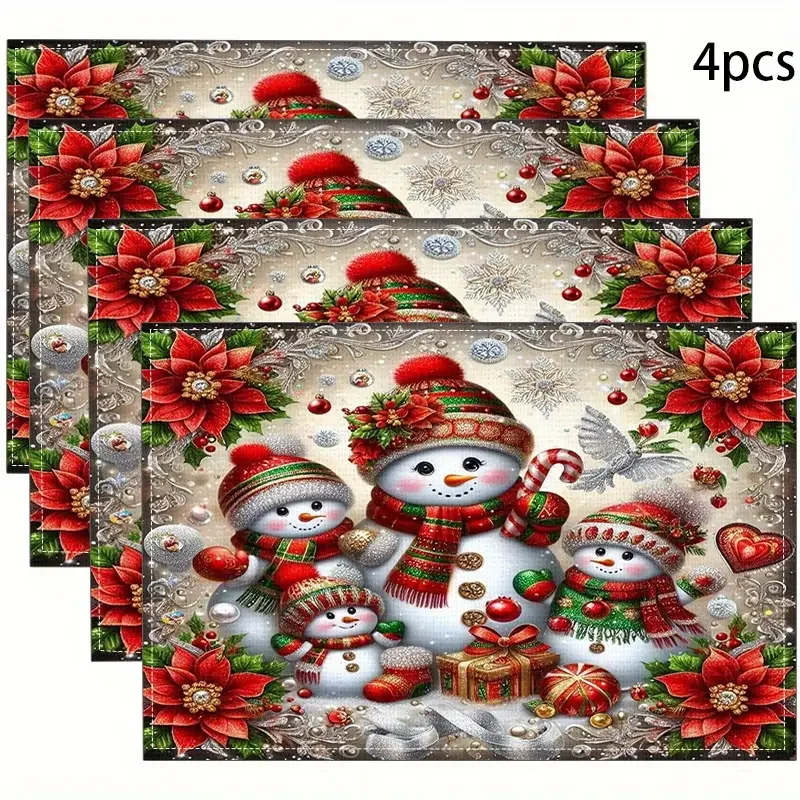 4er-Set Weihnachtsschneemann-Tischsets – gewebtes Polyester, hitzebeständige, rechteckige Feiertagstischsets für Esszimmer und Dekoration
