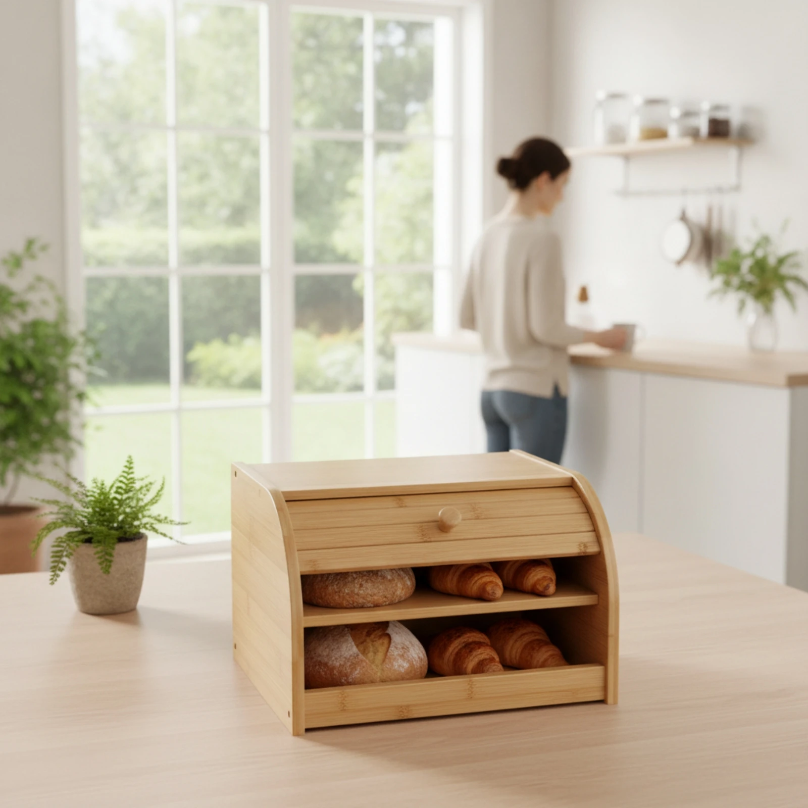 Two-Tier Bread Box Compact Double-Layer Bread Box Breadbox Open-Front Furniture Natural for Pantry, Cafe view 6