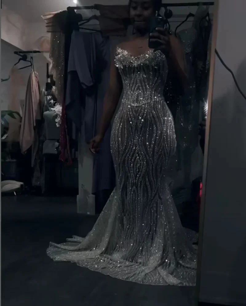 

Silver Long Prom Dresses For Black Girls Sweetheart Sparkly American African Evening Gowns Birthday Party Robe Customized