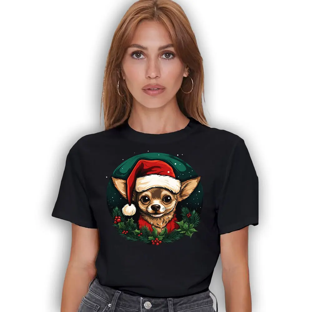 Cute Chihuahua Funny Christmas T-shirt - Holiday Xmas Santa Hat Tee Shirt For Men Clothing Women Short Sleeve Tees Y2K Tops