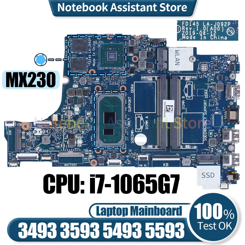 

For DELL Inspiron 3493 3593 5493 5593 Laptop Mainboard LA-J092P 0YCVH6 005KXR i7-1065G7 Notebook Motherboard