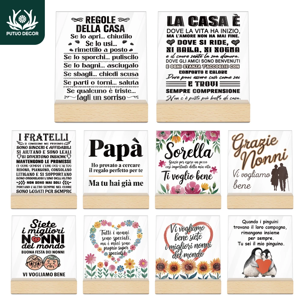 

Putuo Decor 1pc Italy Acrylic Sign Wooden Base Table Decor, 4.4X 3.9Inches, Desktop Decoration for Home Farmhouse Living Room