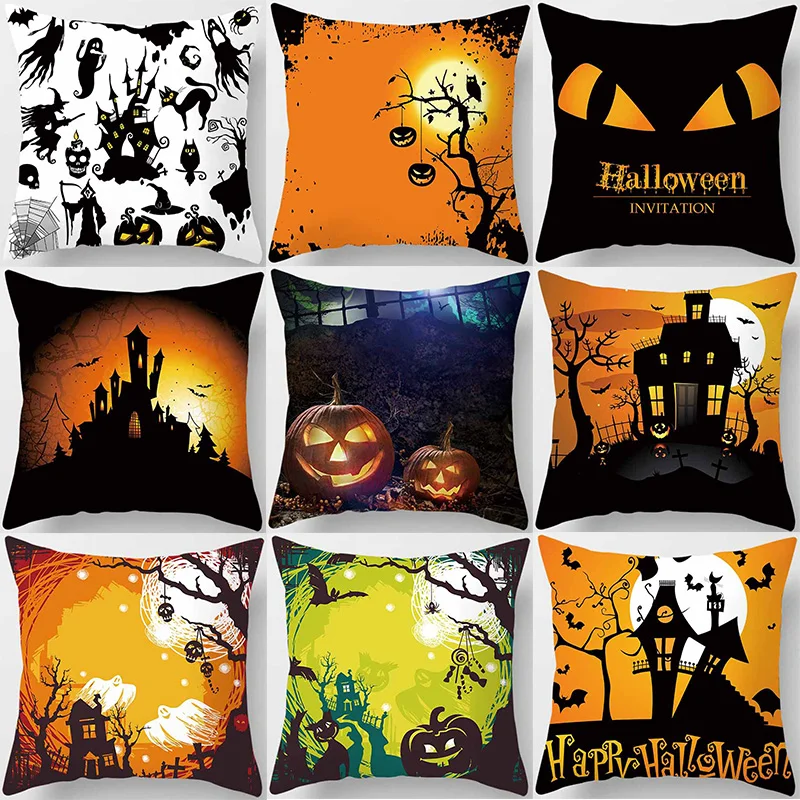 

Halloween Cartoon Pictures Pillow Cases Short Plush High Quality Thick Two Sides Printed Pattern Pillow Covers