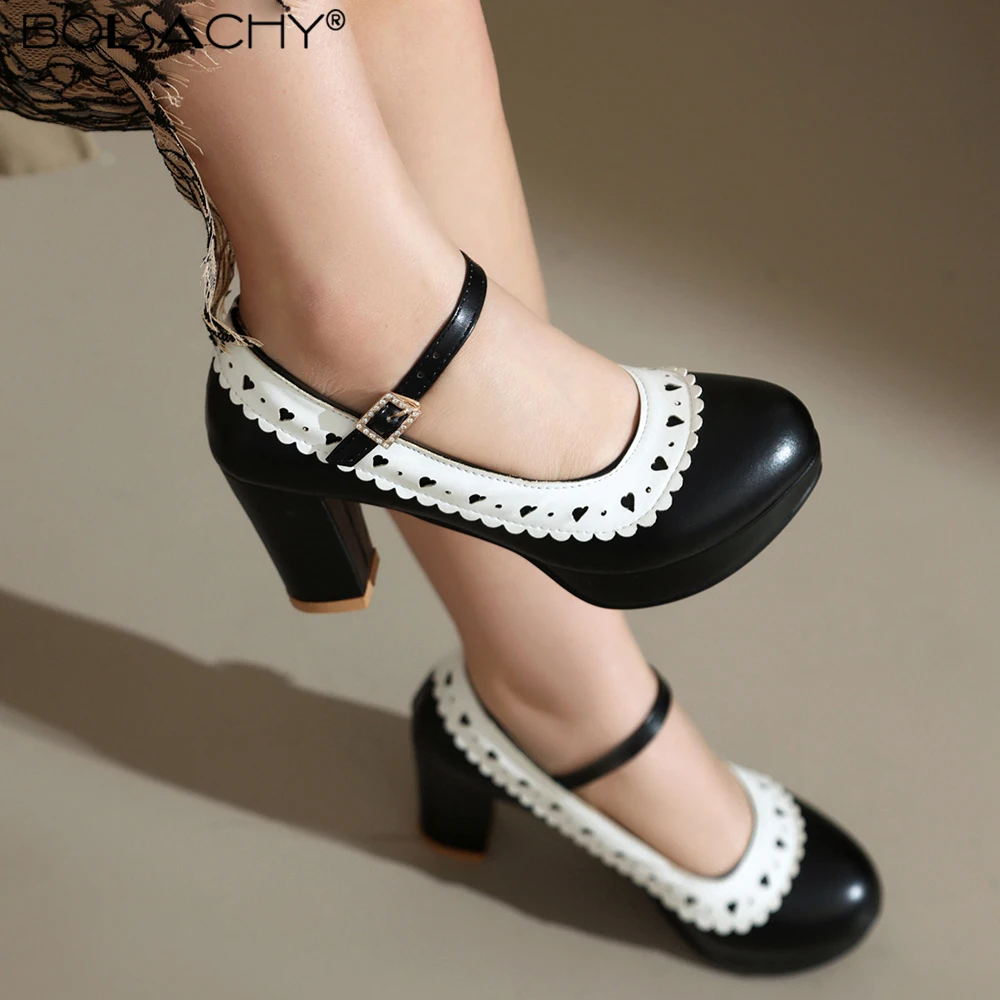 Femme Green Blue Pumps With Platform 7cm Patchwork Sweet High Heeled Shoes With Buckle Mary Janes Fitting Tacon De Mujer 41 44