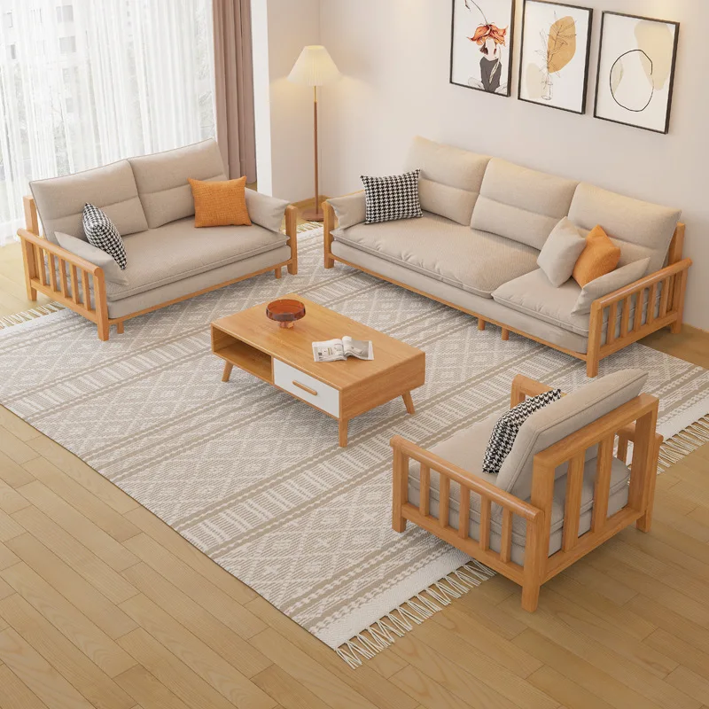 

Диван из массива дерева для гостиной, прямой, на три или четыре места, для небольшой квартиры, в японском скандинавском стиле, с съемными и моющимися чехлами.