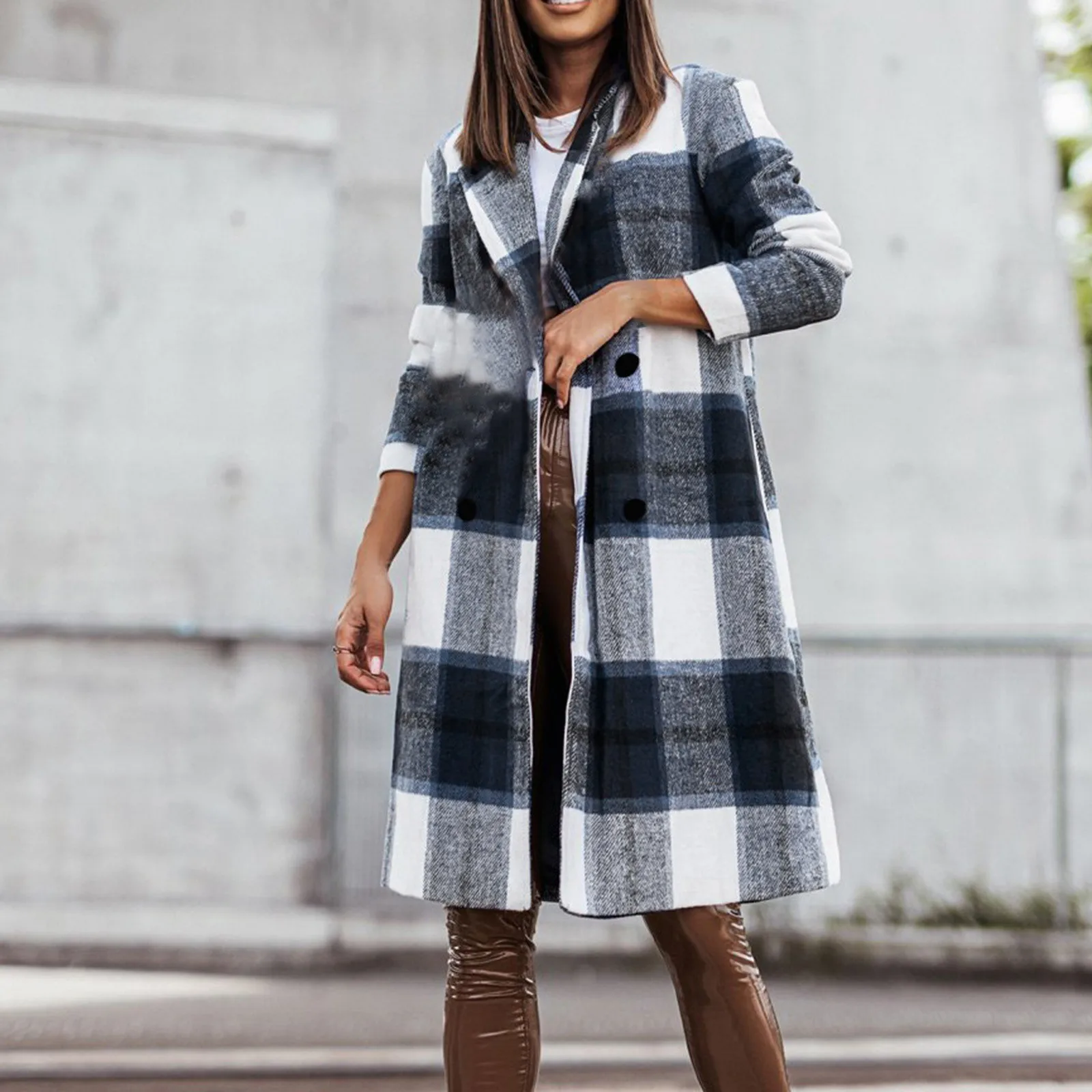 

Korean Vintage Long Plaid Woolen Coats Harajuku Long Sleeves Lapel Double-Brested Trench Coat Winter All Match Outwear Clothing