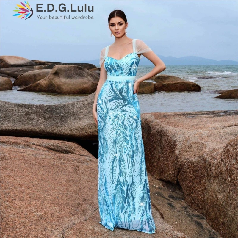 

EDGLuLu Strapless Blue Printed Sequin Long Mermaid Dress Women Elegant Party See Through Mesh Short Sleeves Evening Dress 0715