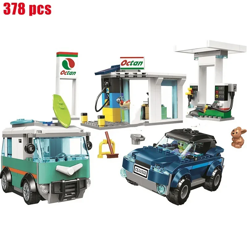 378pcs Stadtmodell Ziegel DIY Tankstelle Set Bausteine kompatibel Spielzeug Kinder Weihnachten Geburtstags geschenke