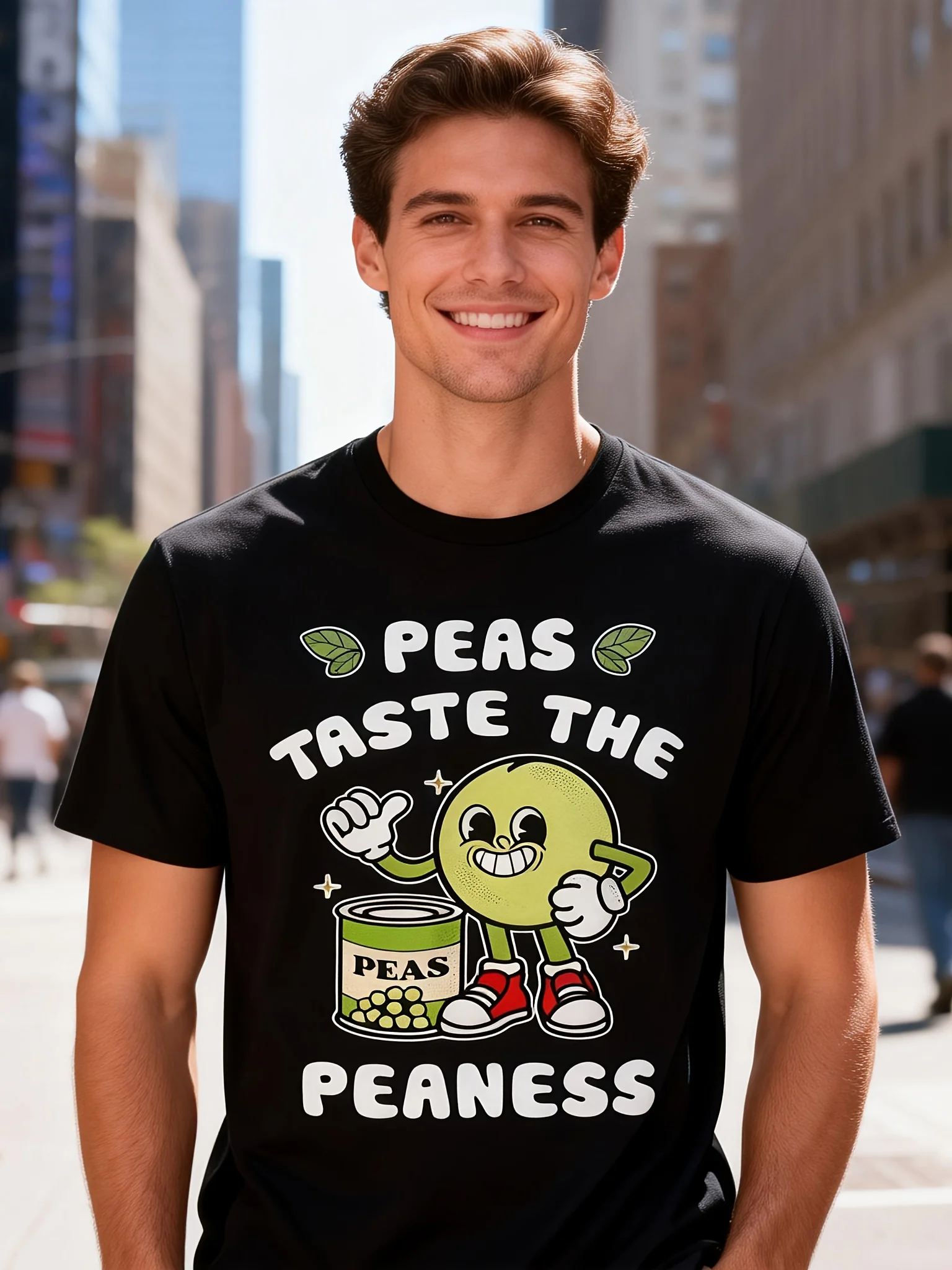 Men'S Fun Pea Pods And Pea Flavor Theme T-Shirt | Black Loose Short Sleeve Shirt With Cartoon Pea Pattern, Breathable Casual Style, Suitable For Daily Wear, Cute Food Theme Gift Choice (Size S-Xxl) - Suitable For All Seasons