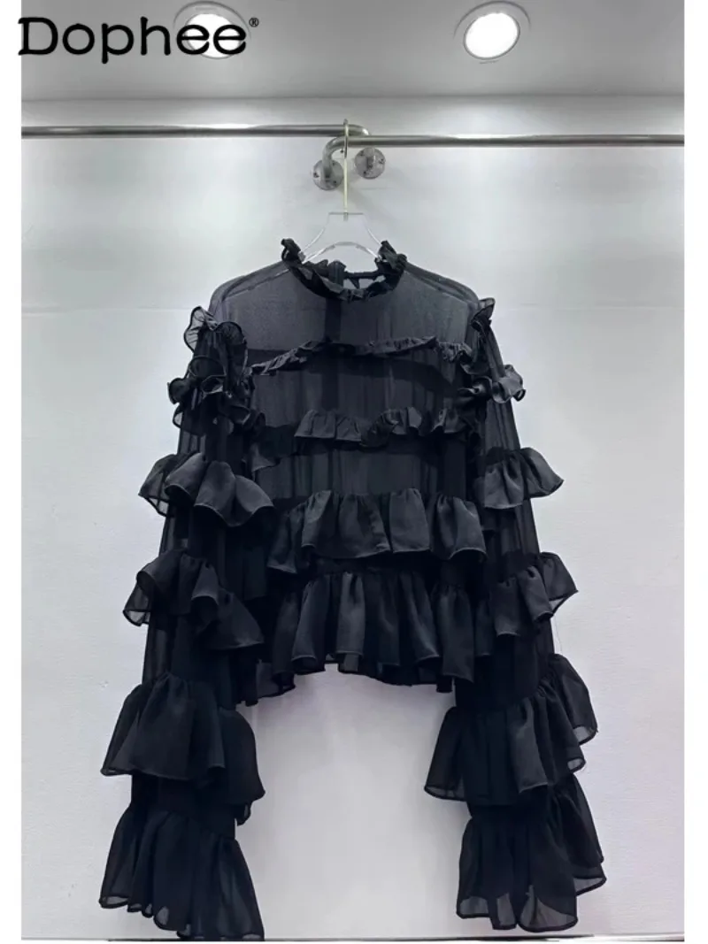 

Женская блузка в японском стиле с рукавами-колокол, шифоновая, с воротником-стойкой и рюшами, повседневная, универсальная, с круглым вырезом, с длинными рукавами