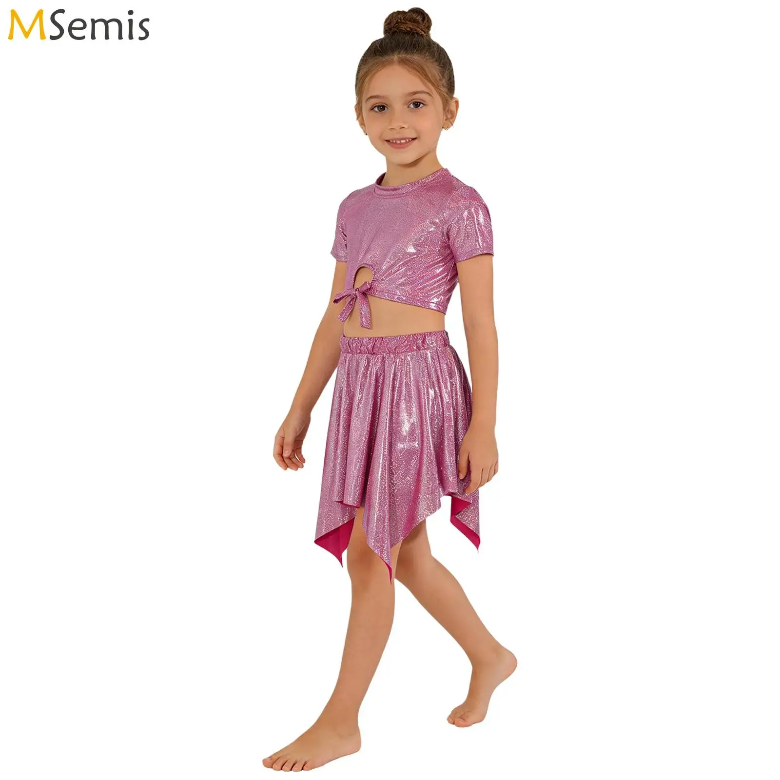

Kids Girls Cheerleading Performance Costume Metallic Jazz Hip Hop Dance Outfit Short-sleeve Tie-front T-shirt with Skirt