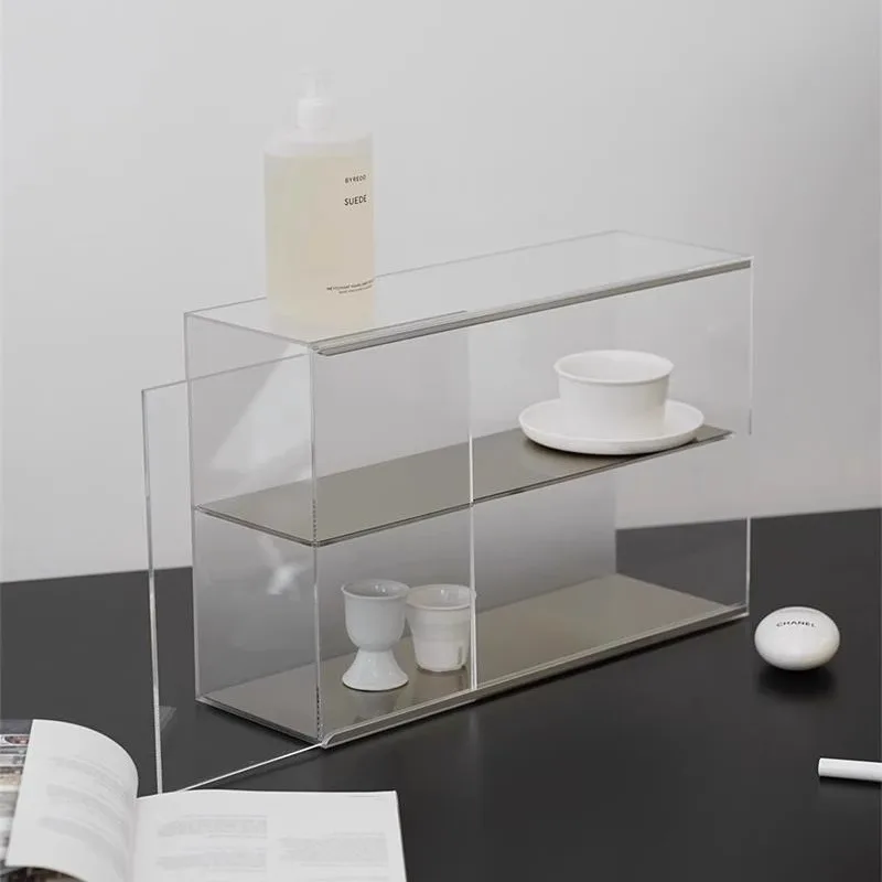 

Minimalist stainless steel dust-proof sliding door storage rack acrylic cosmetic storage box desktop multi-layer shelf