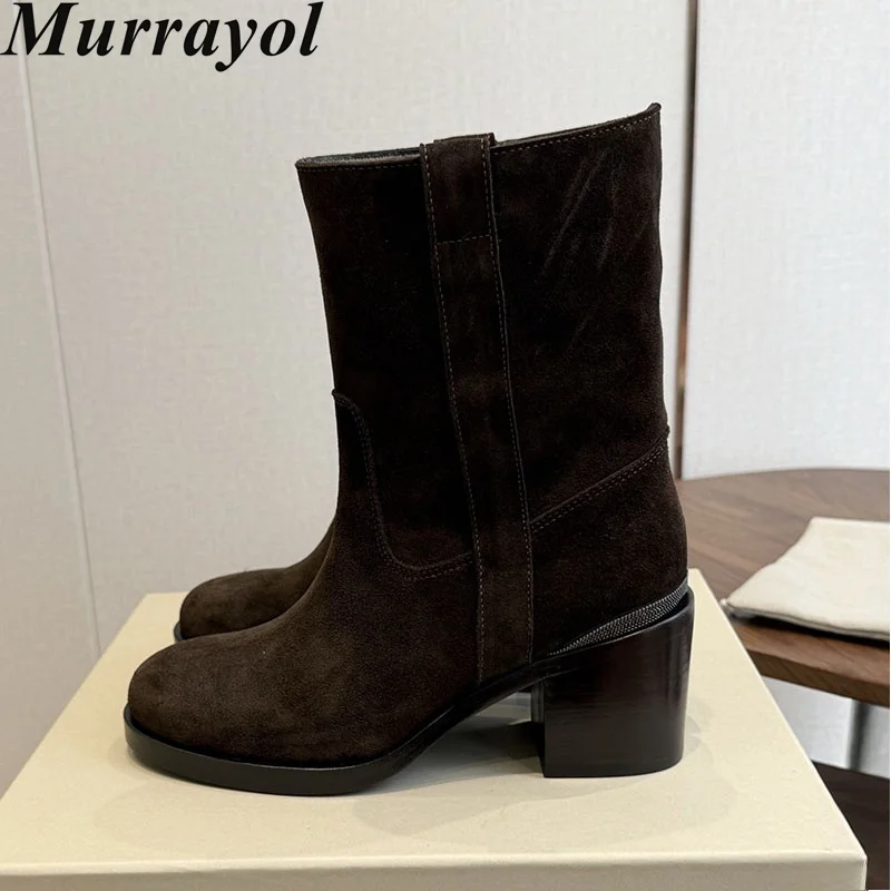 Mid Calf Boots Genuine Leather Round Toe Riding Booties Chunky High Heels Women Autumn Winter Daily Office Commute Shoes 2026