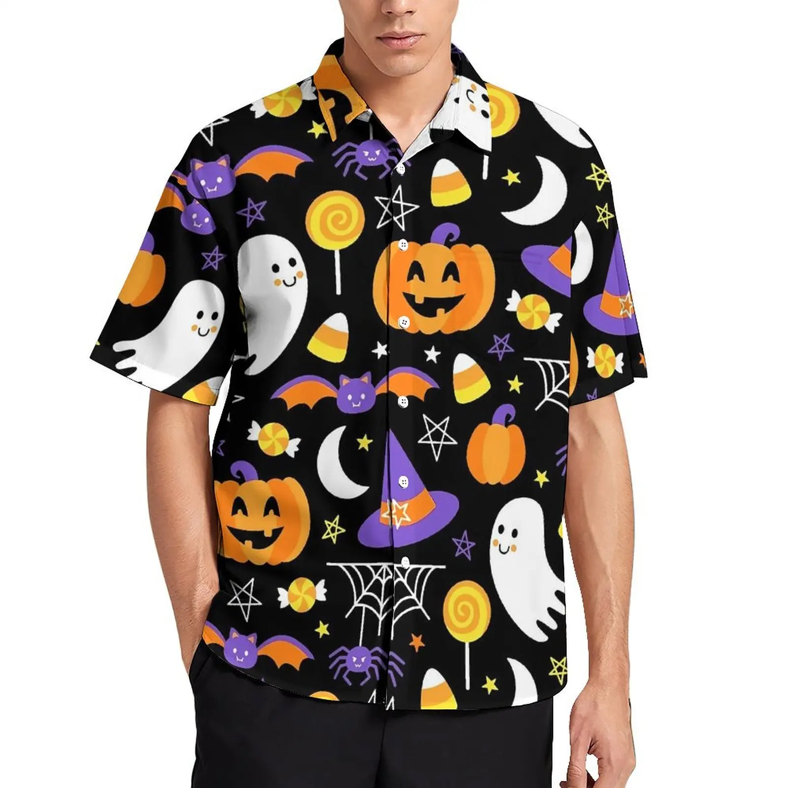 

Happy Haunts Casual Shirt Spooky Cute Halloween Novelty Hawaii Shirts Men Short Sleeve Vacation Y2K Street DIY Oversize Blouses