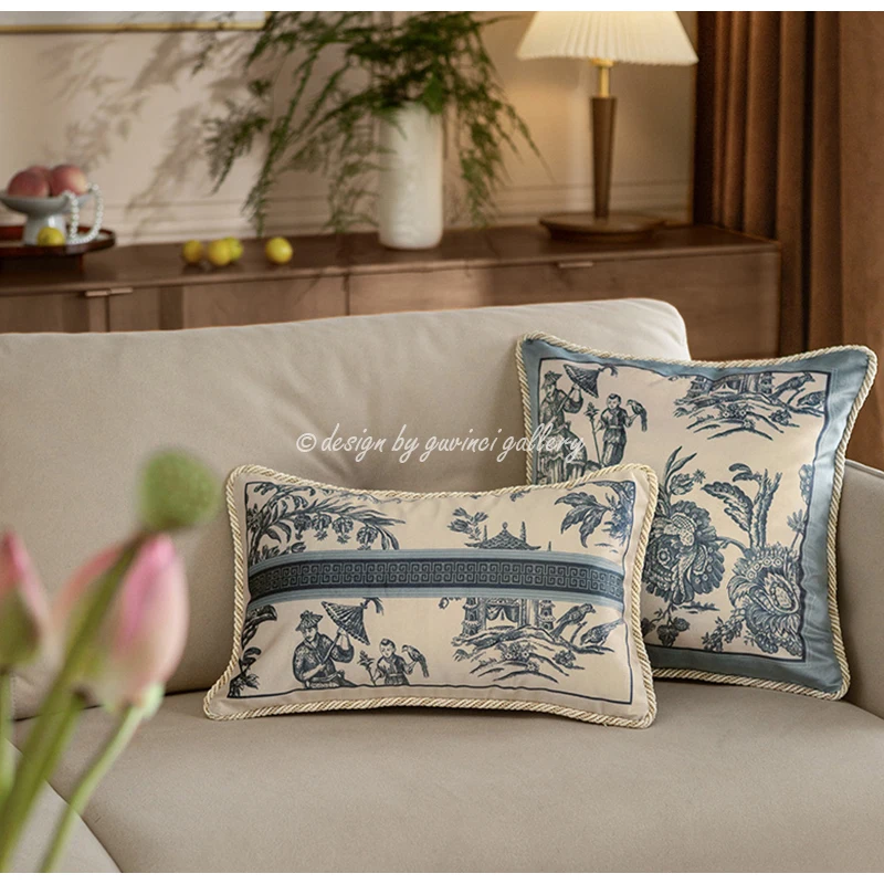 GUVINCI GALLERY Oriental Charm Lumbar Pillow Covers Super Soft Velvet Toile De Jouy Delft Blue Decorative Cushion Case 30x50cm