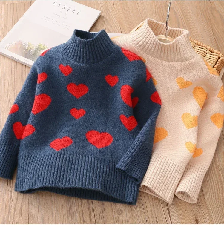 

2023 Winter Autumn Spring Casual 3 4 6 8 10 12 Years Warm Pullover Knitted Wear Tops Heart Sweaters For Kids Baby Girls Clothes