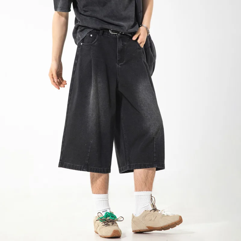 Gradient Washed Men's Baggy Denim Shorts Culottes Oversized Wide Leg Vintage Distressed Casual Summer Cropped Jeans FKS2