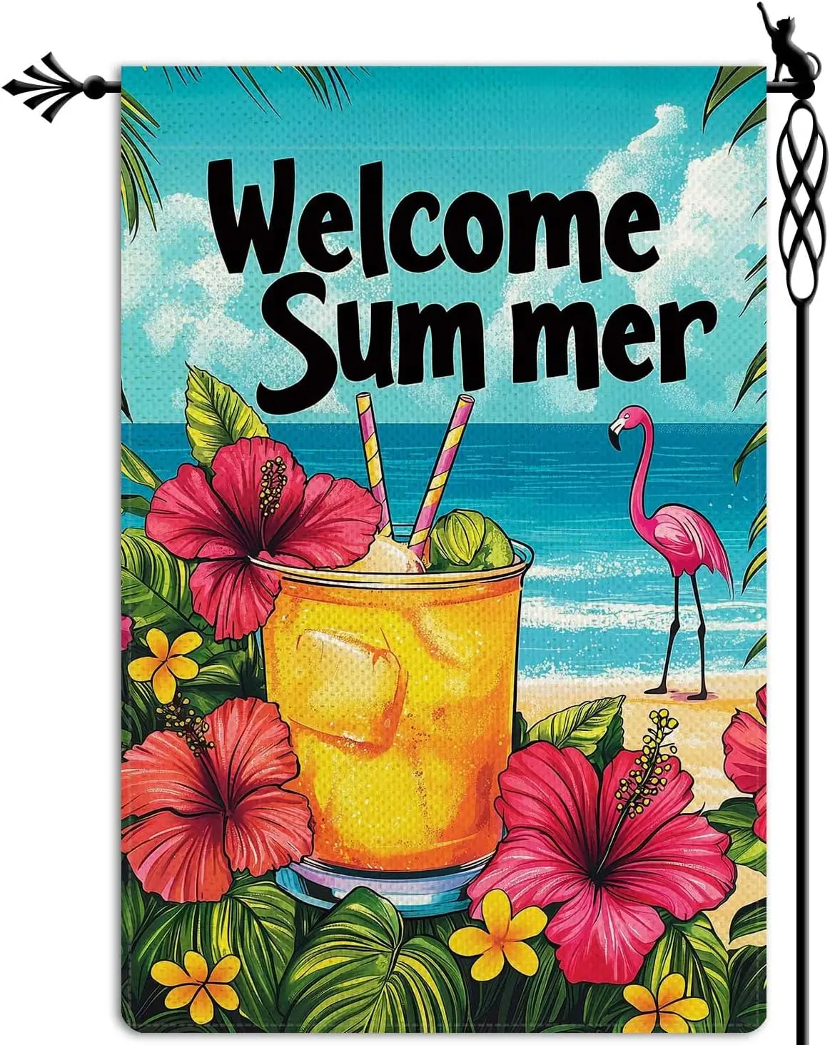 Welcome Summer Garden Flag Ice Drink Flamingo Garden Flag Vertical Double Sided Rustic Farmland Burlap Yard Lawn Outdoor Dec zzo