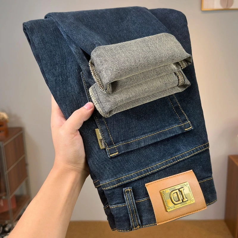 Celana Jeans Denim Pria Gaya Punk Koboi Klasik Streetwear Musim Gugur Musim Dingin Stretch Slim Fit Korea Kasual
