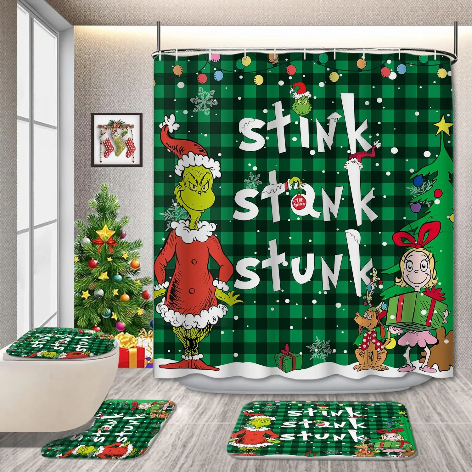

Funny Christmas Bathroom Set with Shower Curtain and Rugs, Green Plaid Holiday Decor with Cartoon Characters, 4-Piece Waterproof