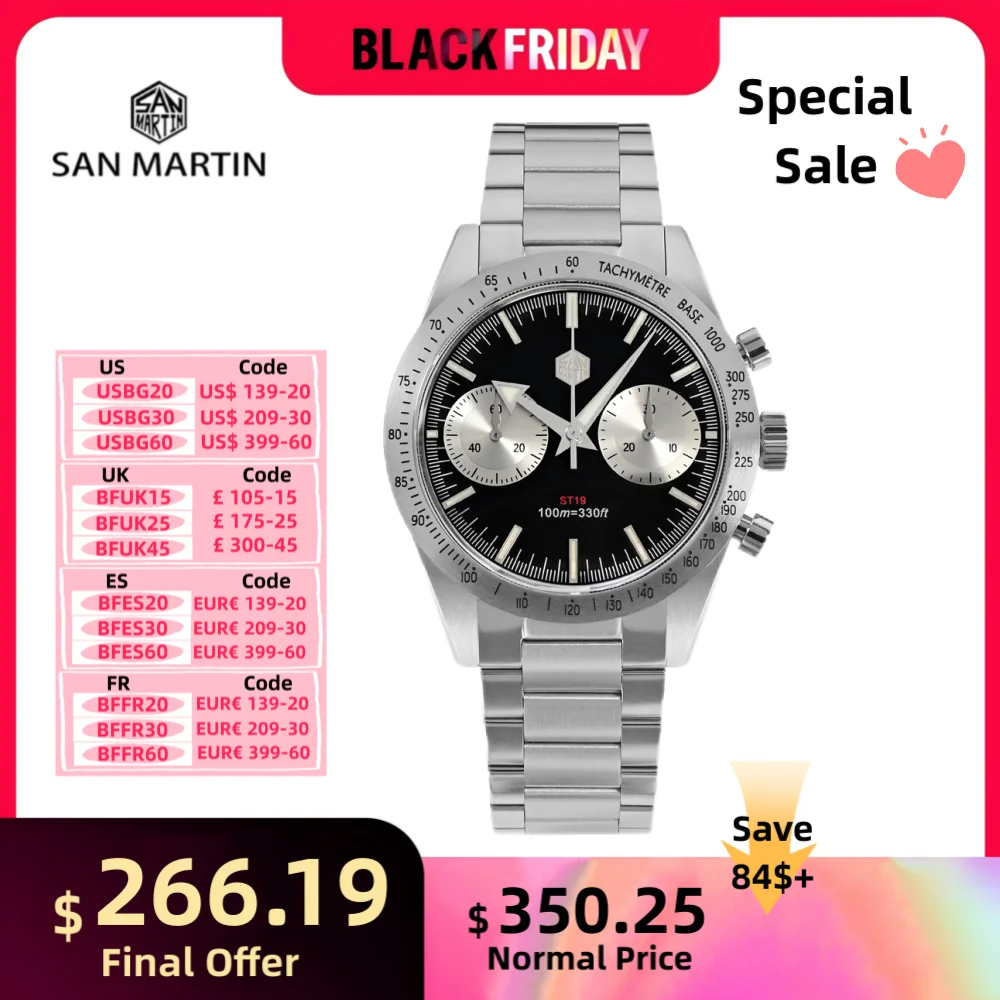 San Martin Panda SM57 Chronograph Watch Mechanical Erkek Saat Luxury Sport 38.5mm Hand Wind ST1901 Waterproof 10Bar Lume SN0103