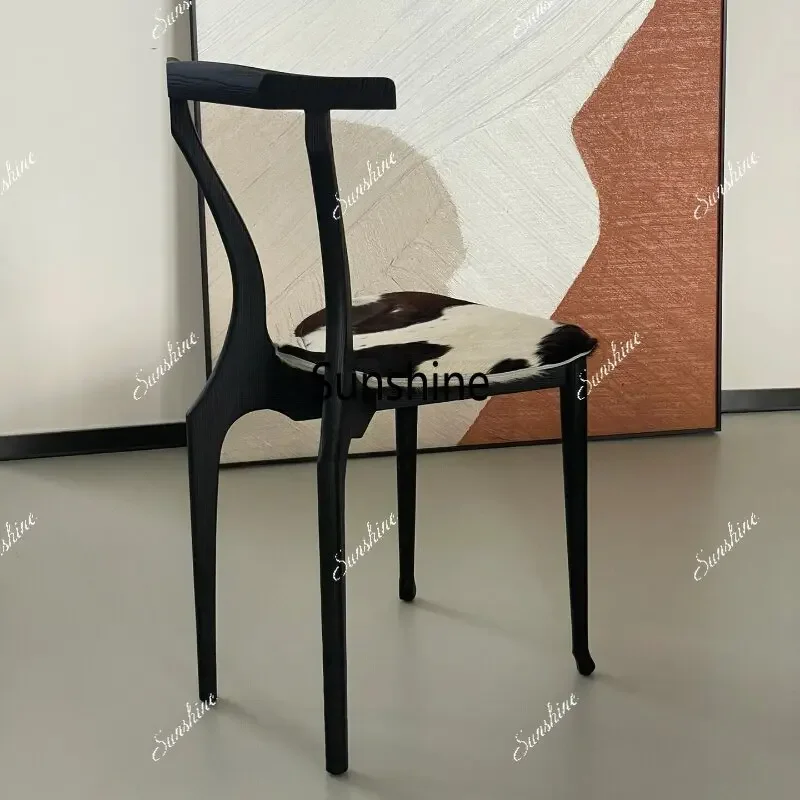 

Medieval solid wood milk cowhide dining chair French casual armchair