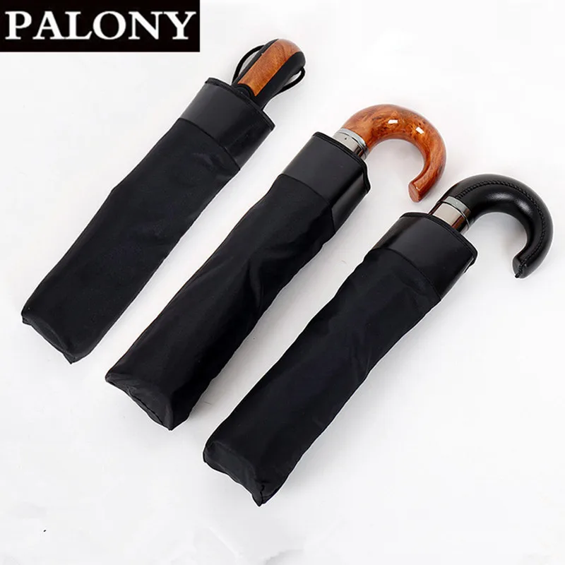 PALONY-Windproof Leather Handle Umbrella for Men, Strong Automatic Umbrella, Resistant, 3 Folding, Black, 10K