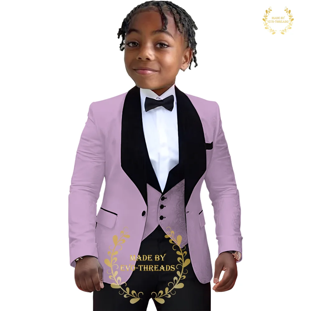 

Boy Violet Elegant Suits 3 PCS Set Black Shawl Lapel Jacquard Blazer Vest Pants Child Pageboy Formal Wedding Party Custom Tuxedo