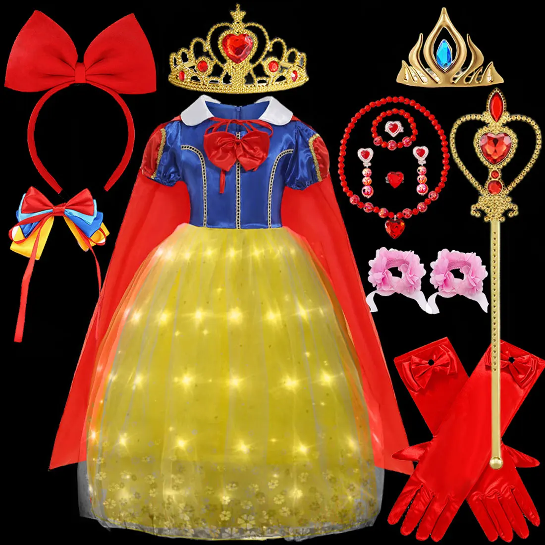 Disney Snow White Glow Short Sleeve Dress Girls 2025 Christmas Purim Carnival Birthday Party Prom Dress Kids Cosplay Costume